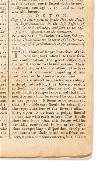 (AMERICAN REVOLUTION--PRELUDE.) Early printing of the Massachusetts Circular Letter which united colonists against the Townshend Acts,